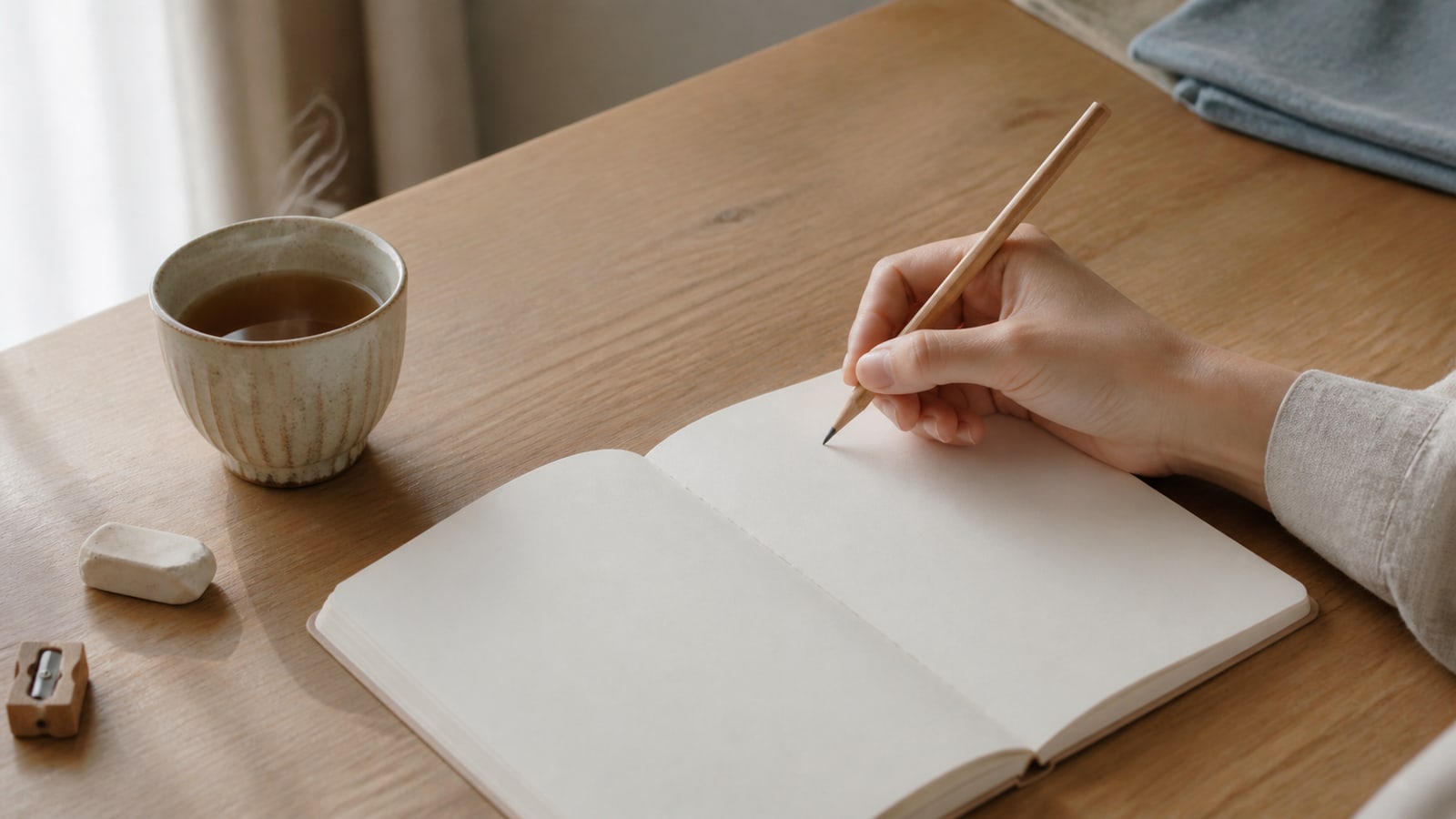 無地のノートに言葉を書こうとしている手元と、湯気の立つお茶